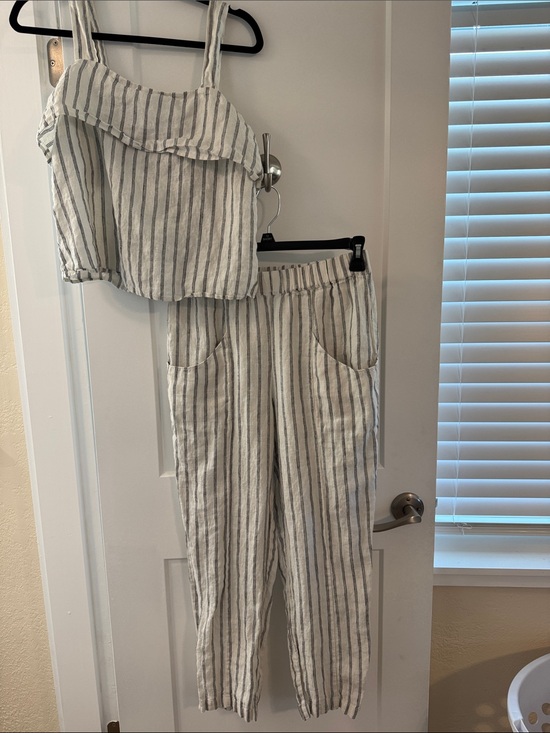 Quince Pants - Quince Cream and Black Striped 100% European Linen Pants with Ruffle Top set